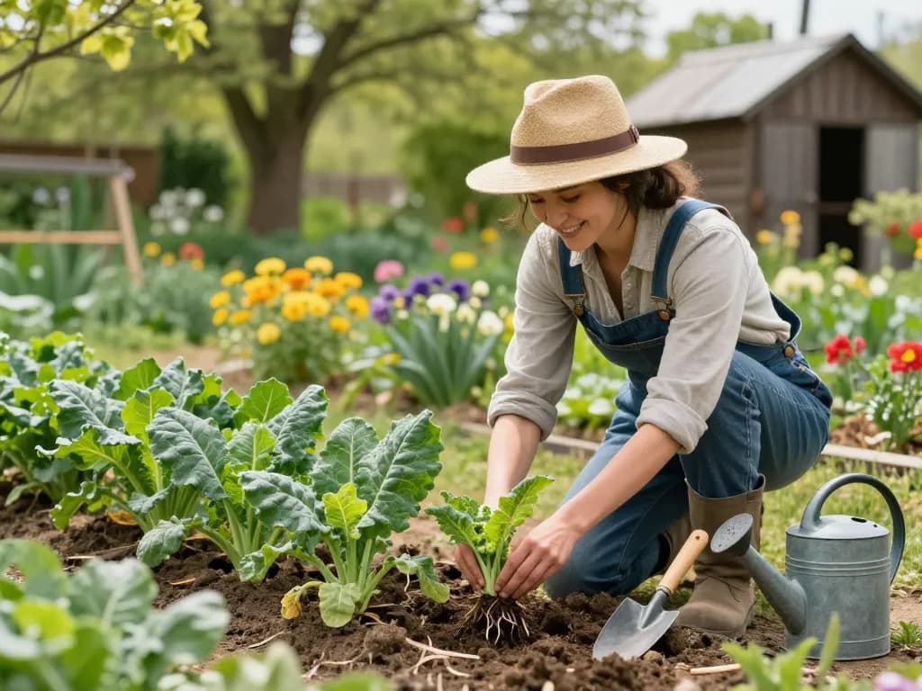 Gardener nurturing porree jungpflanzen in a vibrant spring garden, showcasing healthy growth and a lush environment.
