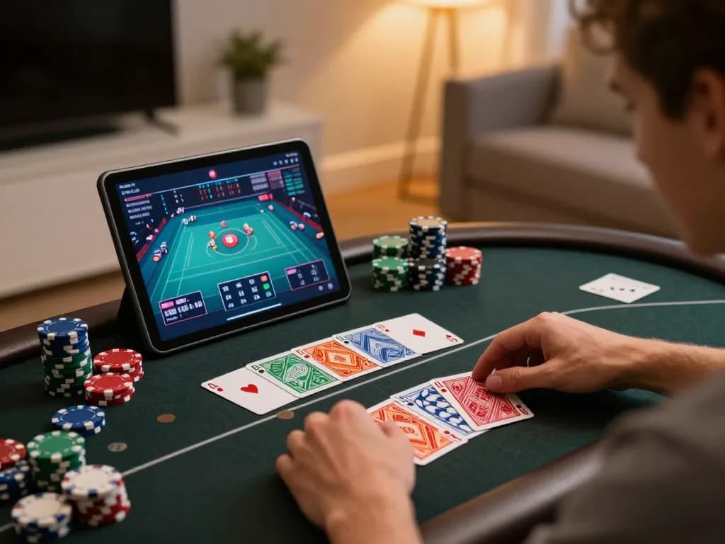 Engaging in poker online with fabet gaming app, showcasing strategic gameplay in a comfortable home.