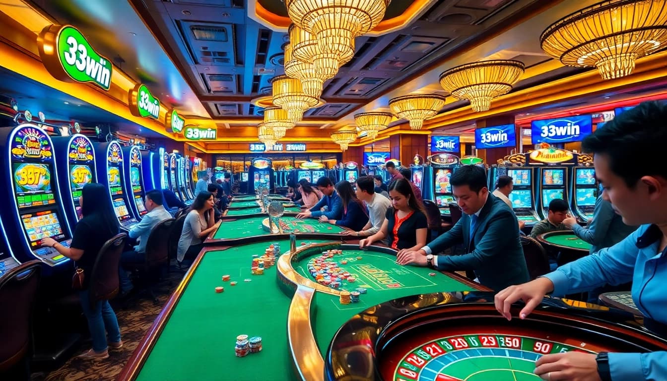 Players celebrating wins at 33win casino tables with colorful chips and vibrant games.