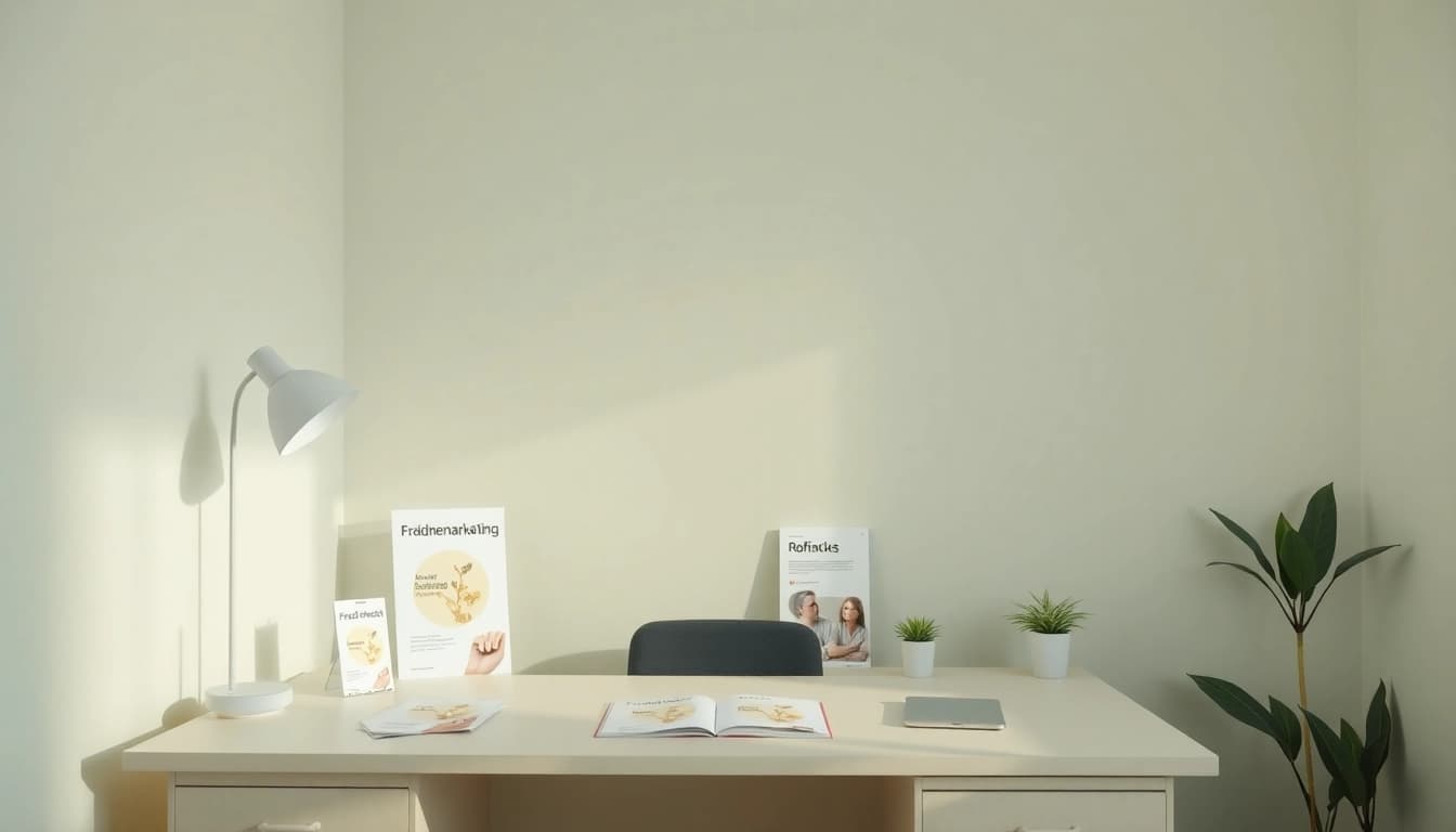 Pflegemarketing marketing materials on a stylish desk, emphasizing strategic design and organization.