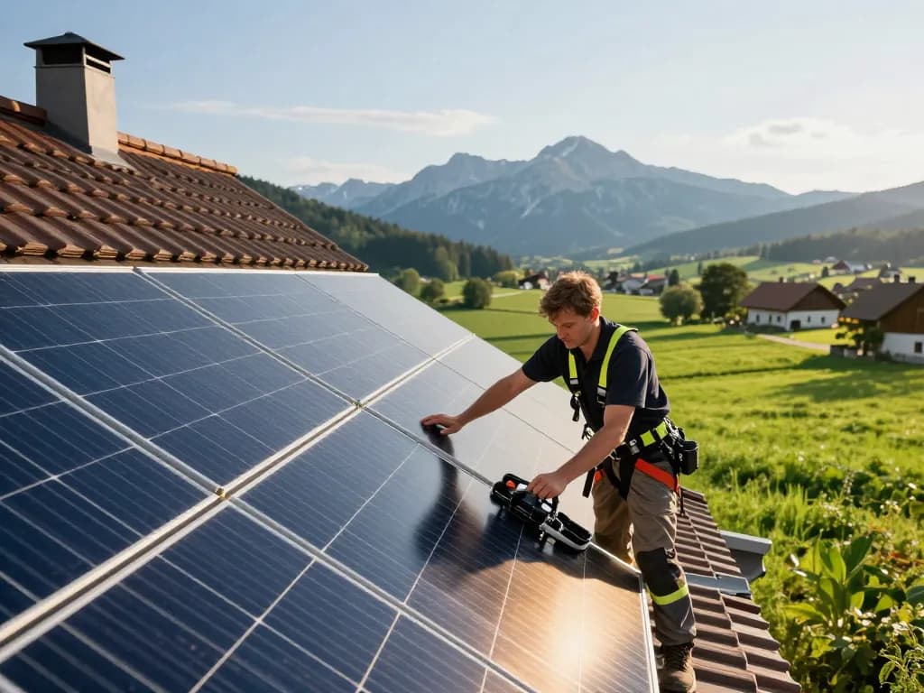 Installation von Photovoltaik Bayern mit Techniker, der Solarpanels an einem bayerischen Haus anbringt, betont erneuerbare Energie.