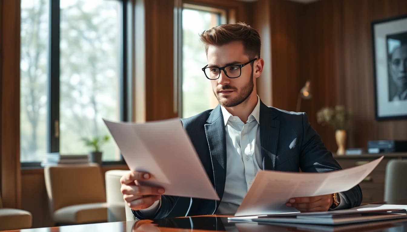 Professioneller Headhunter Geschäftsführer überprüft Lebenslauf in elegantem Büro.