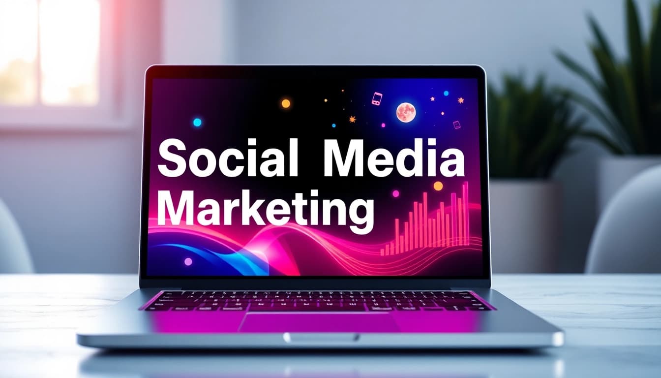 Visualisierung einer Social-Media-Marketingstrategie mit modernen Elementen und strategischem Layout auf einem Laptop.