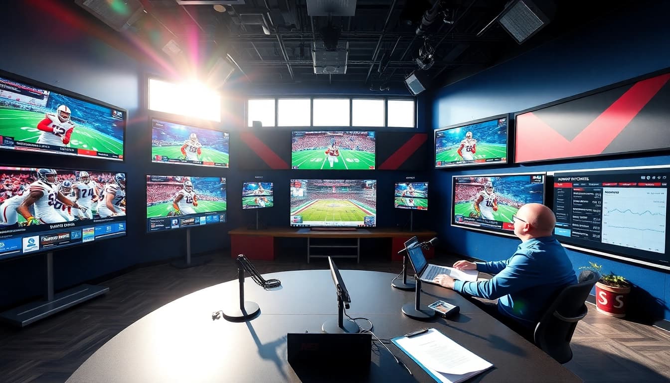 Engaging sports broadcasting scene with broadcasters analyzing live events and graphics.