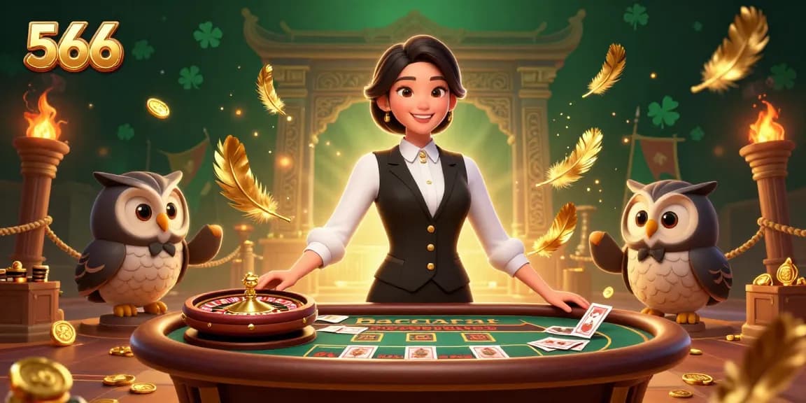Experience exciting baccarat at 566 with an elegant dealer and vibrant casino atmosphere.