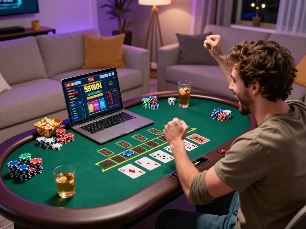 Player experiencing a thrilling victory on 56WIN's live dealer blackjack game in a cozy home setting.