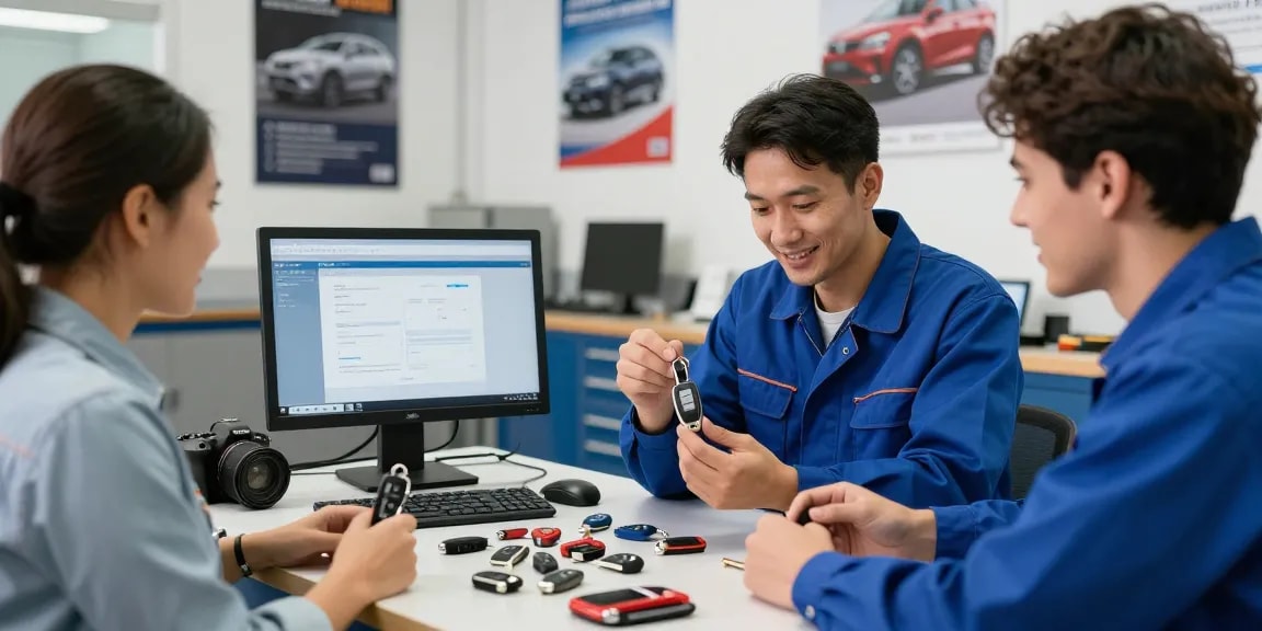 Ersatzschlüssel Auto-Experte im Werkstattumfeld bei der Schlüsselprogrammierung und -reparatur.