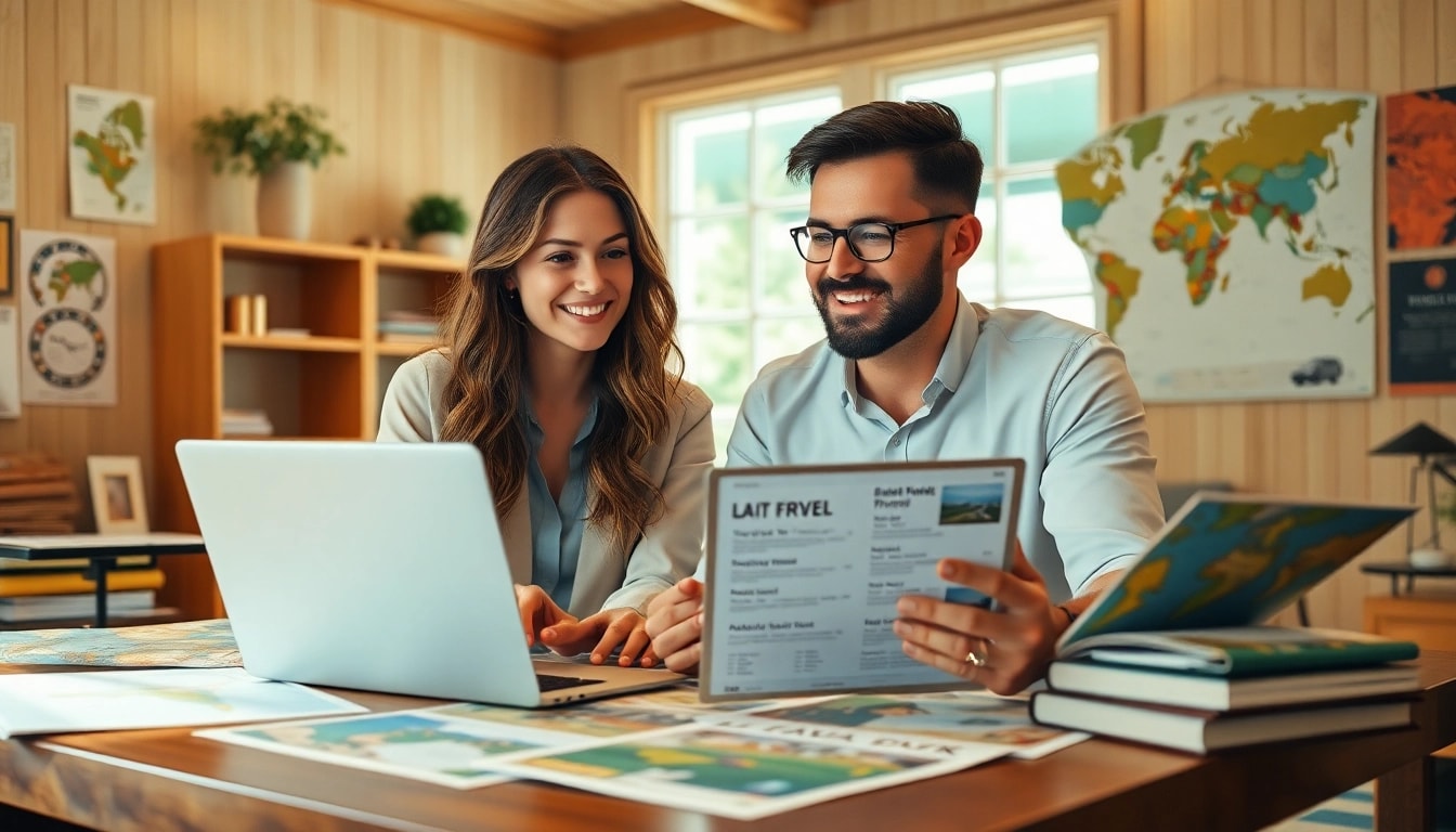Flug & Hotel Tipps: Paar plant eine Reise in einem gemütlichen Reisebüro mit Karten und Broschüren.