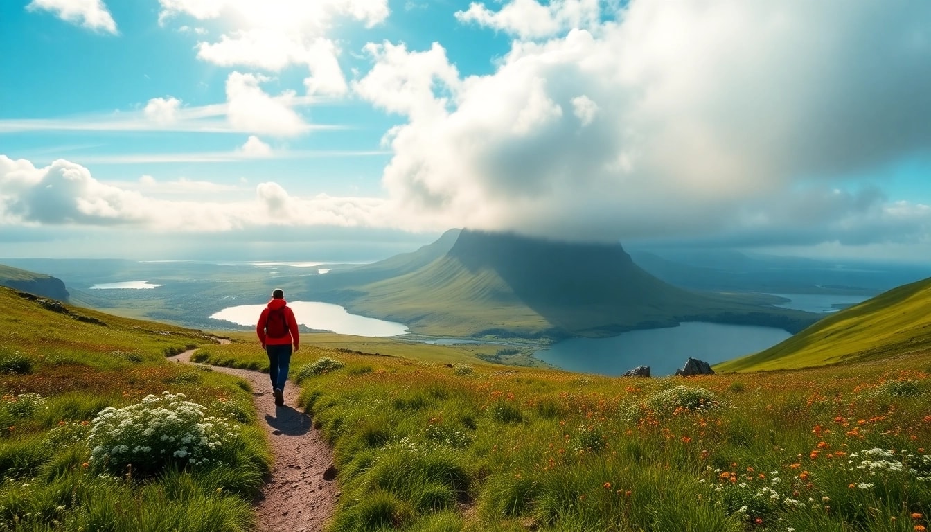 Irland wandern auf einem malerischen Wanderweg mit blühenden Wildblumen und einem einsamen Wanderer.