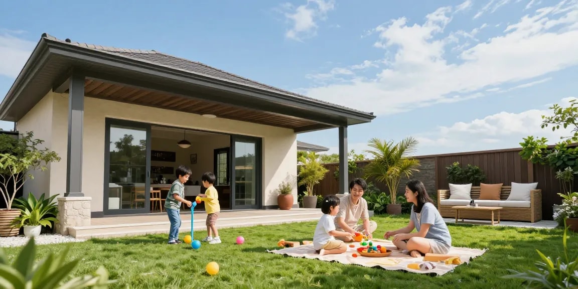 Freistehende Terrassenüberdachung über einem stilvollen Garten mit Familie beim Picknick