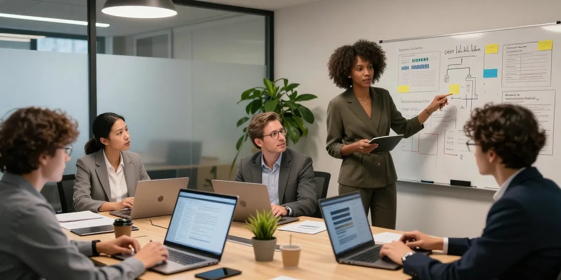 Firma bewerten im modernen Büro, Team arbeitet an Evaluierungsprojekten mit Feedback-Analyse.