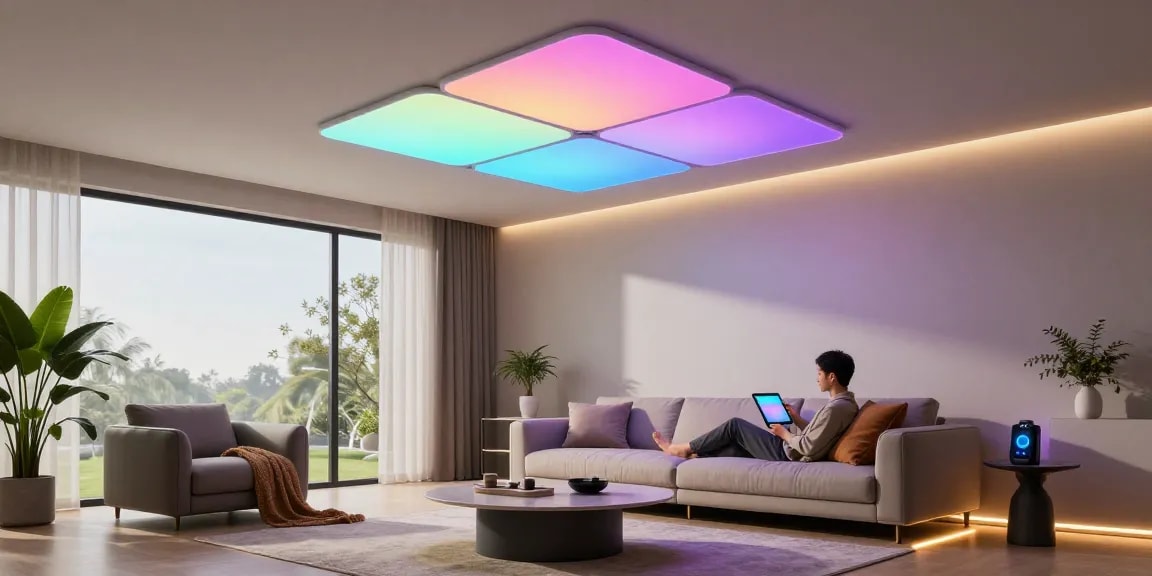 Nanoleaf Skylight Test 2026 - modern living room showcasing vibrant ceiling lights controlled via tablet, creating a cozy atmosphere.