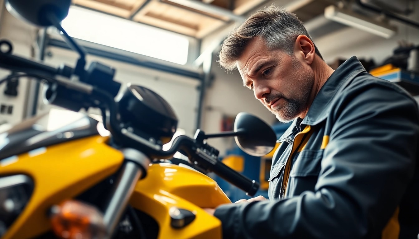 Motoradgutachten Augsburg durch einen Experten in einer gut beleuchteten Garage an einer hochwertigen Maschine.