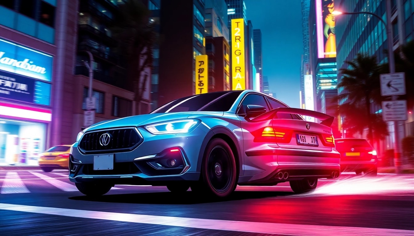 Das auto anime zeigt ein farbenfrohes Anime-Auto, das schnell durch die Straßen kurvt und einen energiegeladenen, urbanen Stil verkörpert.