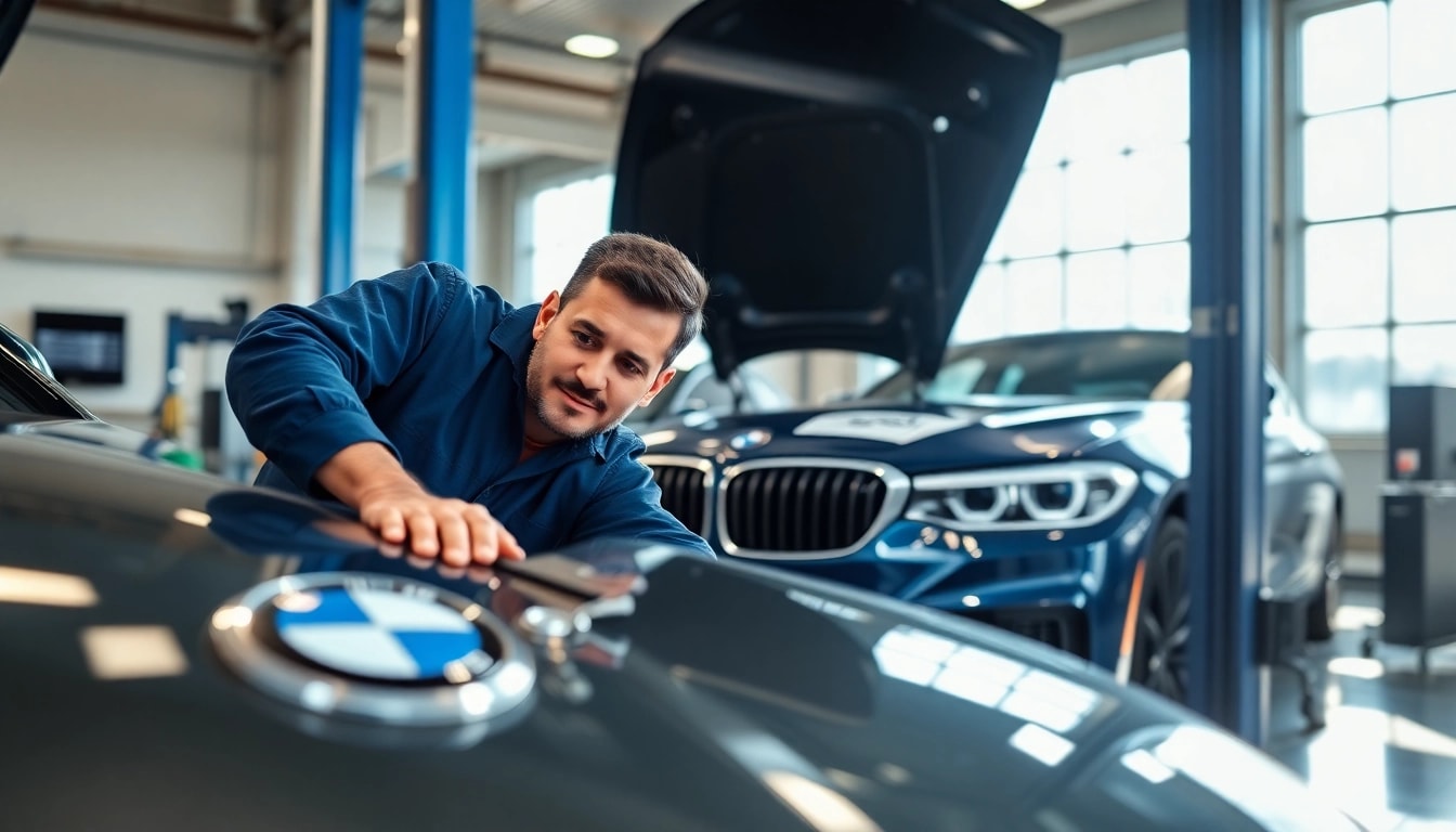 BMW Spezialist repariert ein Luxusfahrzeug in einer modernen Werkstatt.
