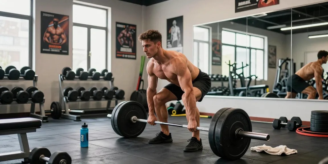 Muscular Athlet demonstriert korrekte Technik im Selliza Shop Fitnessstudio für Deadlifts mit verschiedenen Geräten und inspirierender Atmosphäre.