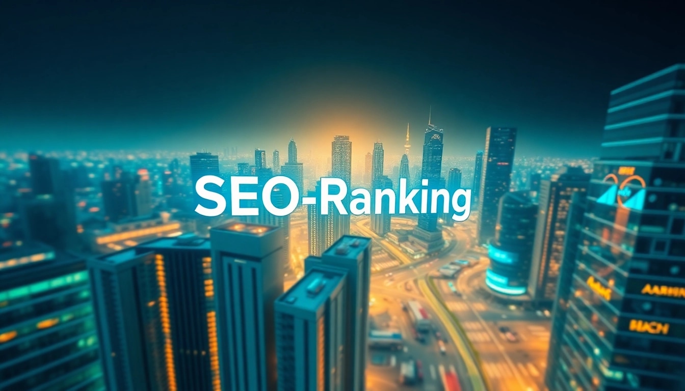 Visualisieren Sie das SEO-Ranking durch eine futuristische Stadt, die den digitalen Marketingfortschritt darstellt.