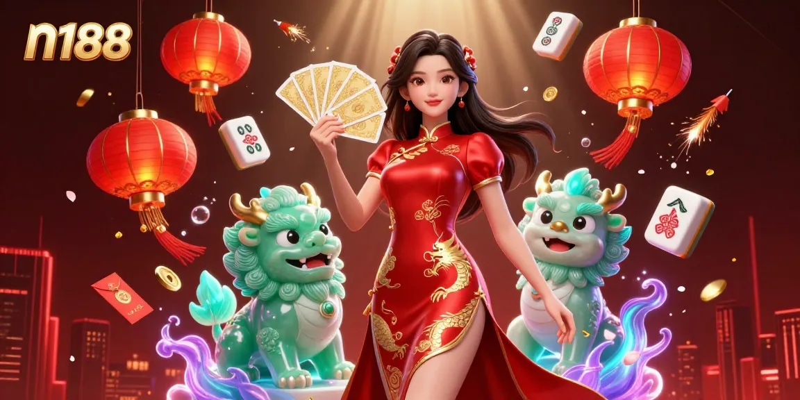 Engage in thrilling n188 casino experiences with an elegant woman in qipao, amidst festive 3D elements.