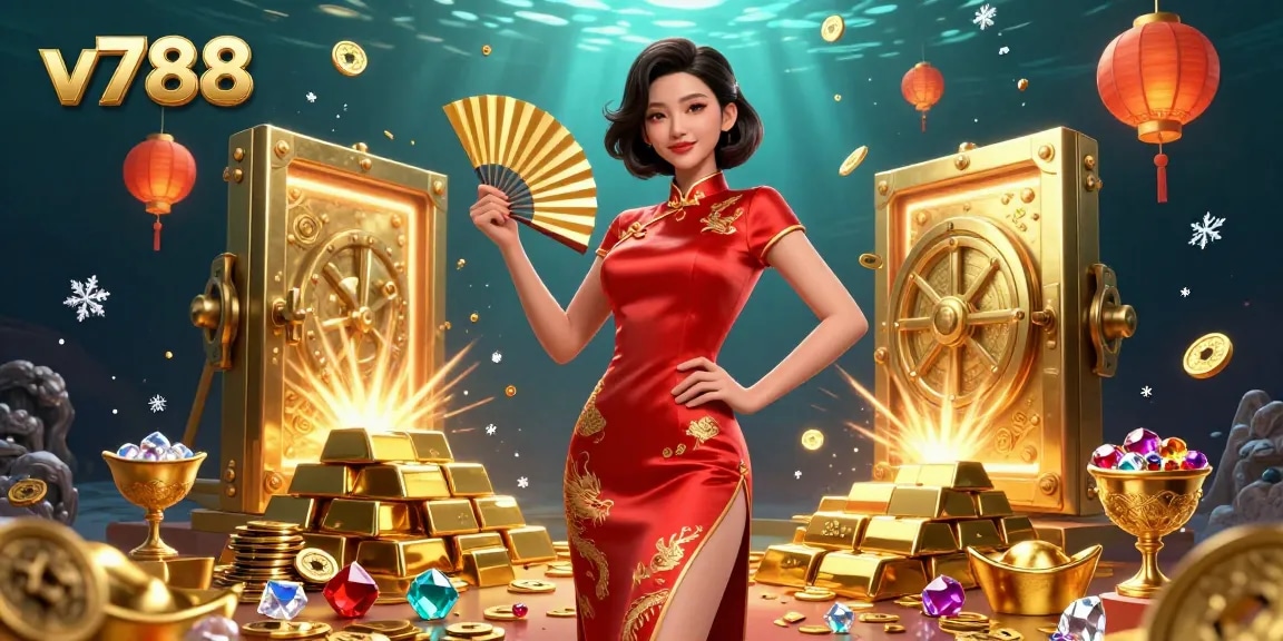 Experience the thrill of gaming at v788 with vibrant visuals, floating lanterns, and gold treasures.