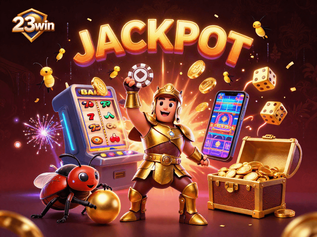 Spin to win big with 23win's exciting casino games showcased in a vibrant 3D illustration.