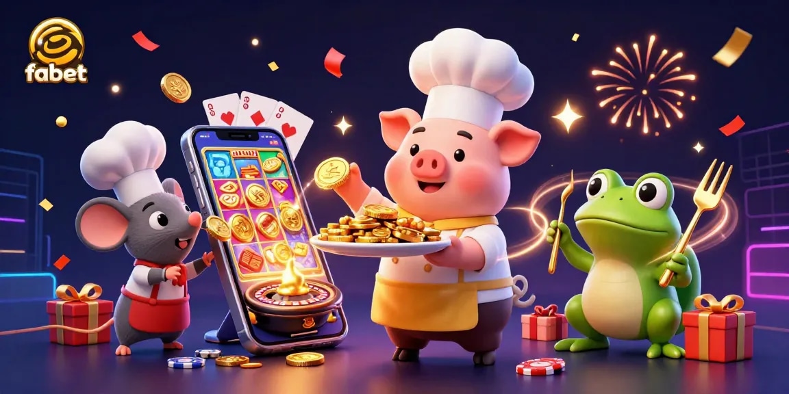Engage with fabet's thrilling gaming experience featuring colorful slots, gold coins, and animated characters.