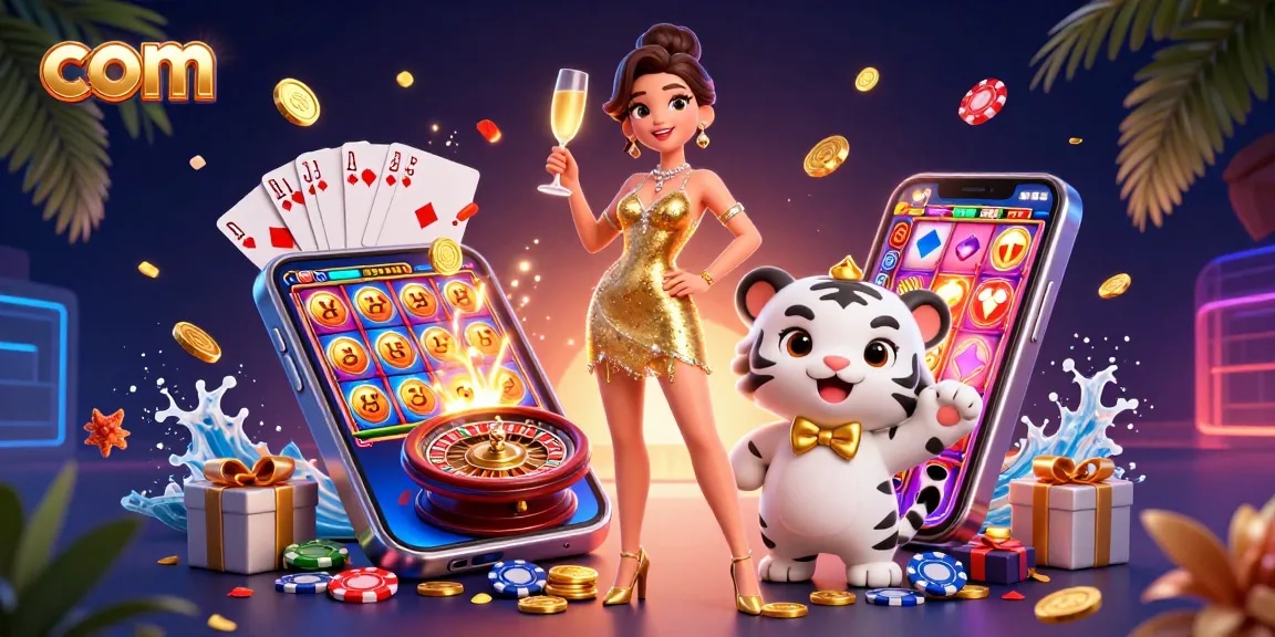 Experience thrills at com with a glamorous woman, a lucky tiger cub, and vibrant gaming elements.