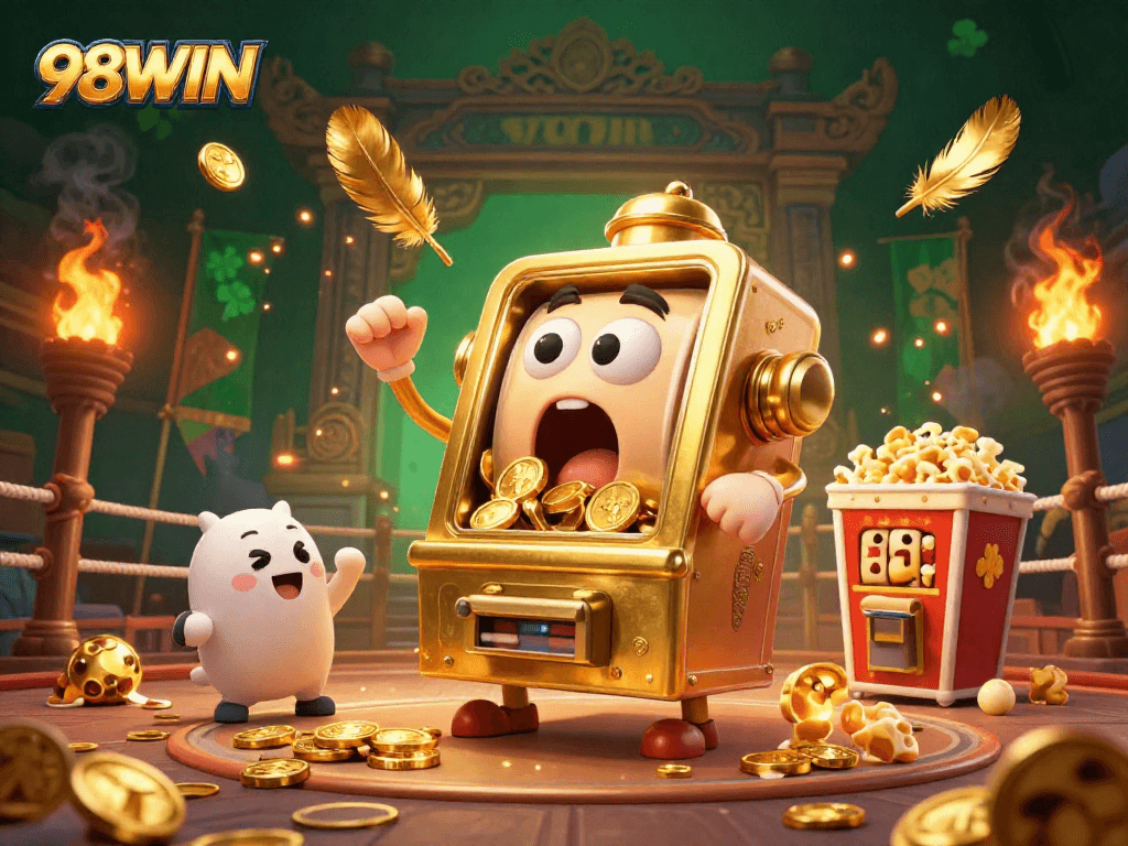98WIN slot machine hitting jackpot with cheerful companions in a vibrant casino scene.