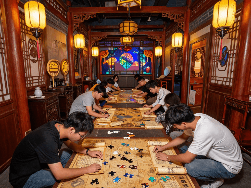 Players exploring rokok 88's immersive escape room with Eastern architectural designs and intricate puzzles.