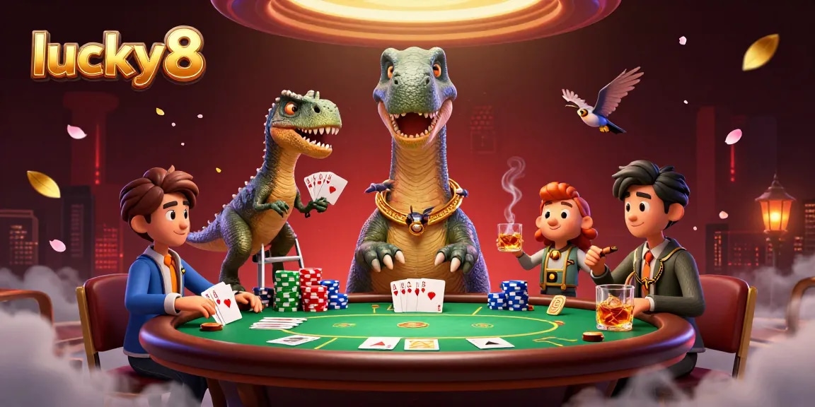 Deal cards to the giant lucky8 brontosaurus in a vibrant casino scene.