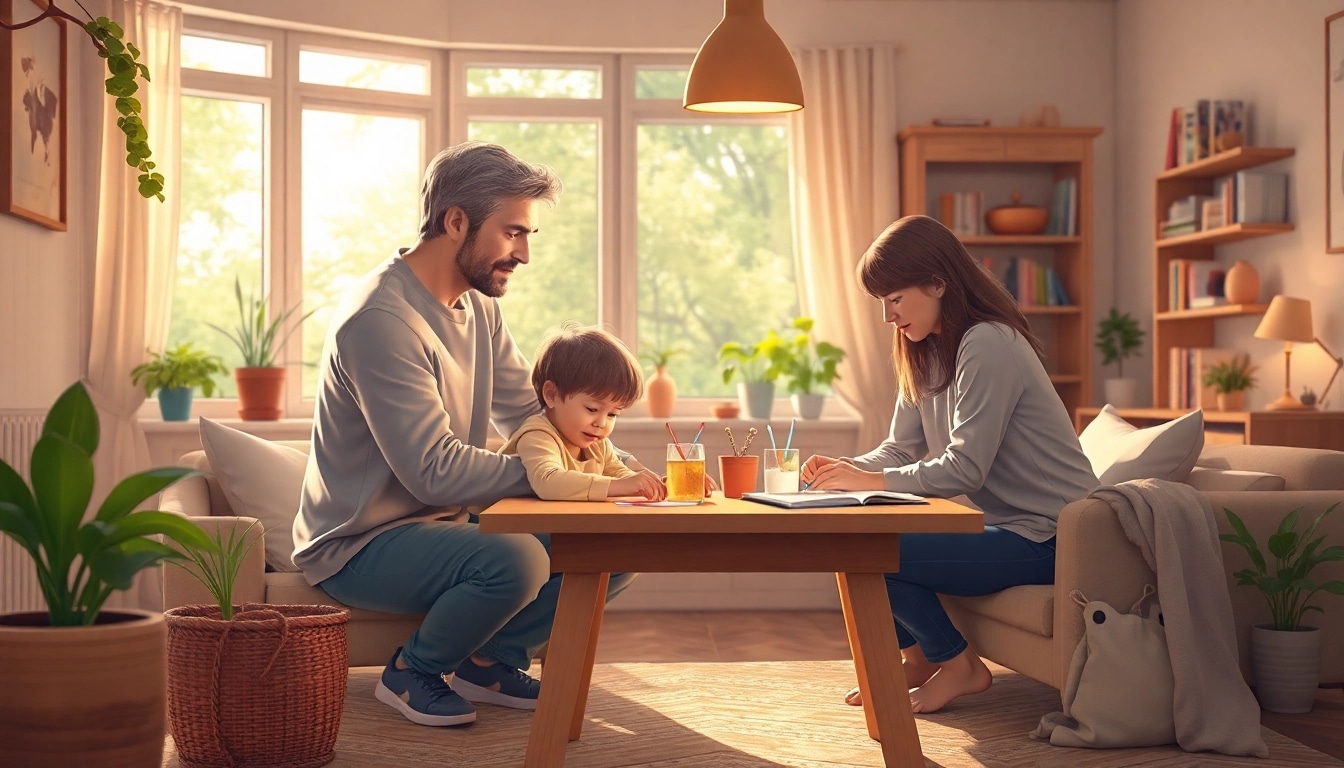 Eine Familie beim Heimunterricht in einer warmen, einladenden Umgebung, die das Lernen zu Hause fördert.