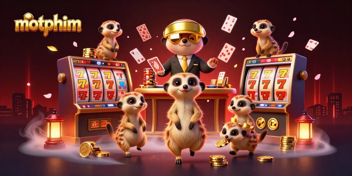 Motphim showcases a lively casino scene with animated meerkats managing games and treasure, highlighting exciting gambling action.