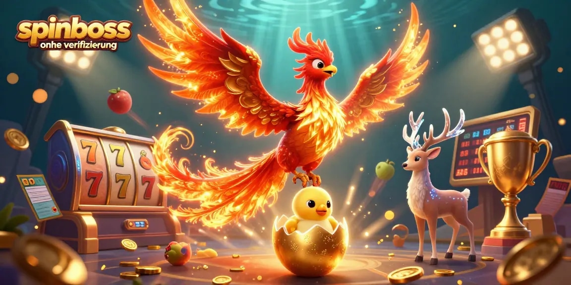 Spinboss ohne Verifizierung: Illustration von Spielautomaten mit Phönix und Hirsch in dynamischer Casino-Umgebung.