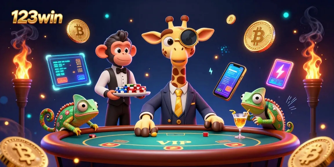 123win showcases a vibrant casino scene with a high-roller giraffe and vibrant crypto elements.