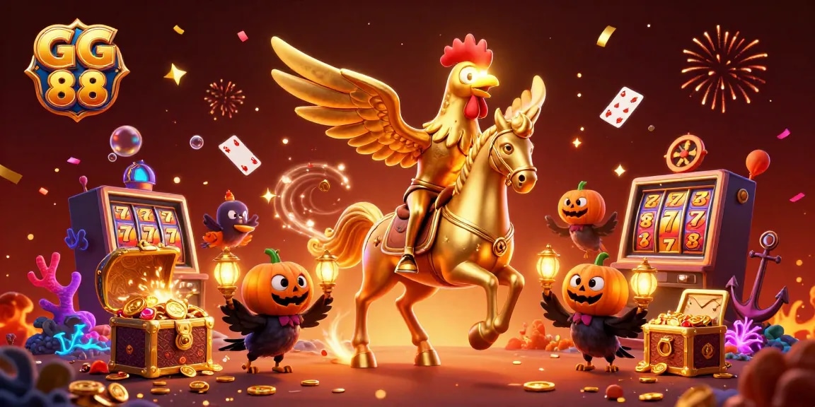 Experience the vibrant world of GG 88 with a golden rooster and friends celebrating in a dynamic casino atmosphere.