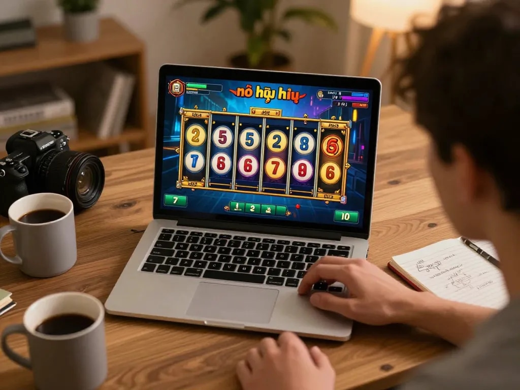 Player enjoying a thrilling game nổ hũ while strategizing in a cozy home office