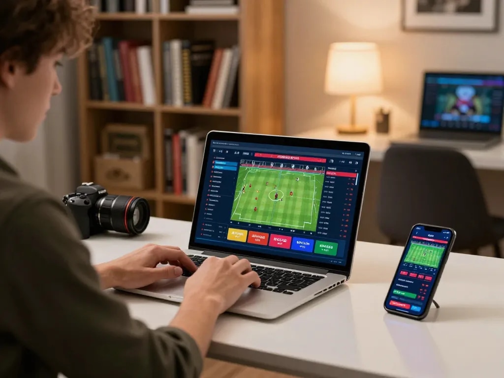 B sport enthusiast engaging with sports betting app in a modern home office setting