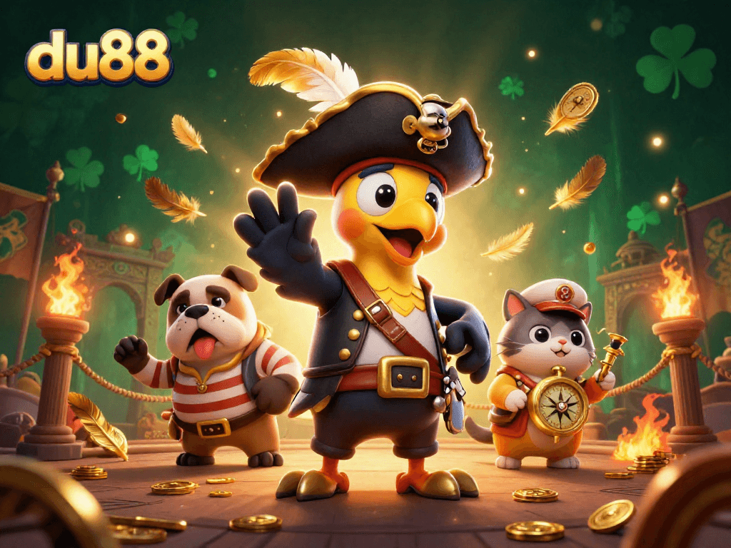 Engage with du88's vibrant casino adventure featuring a pirate parrot and friends.