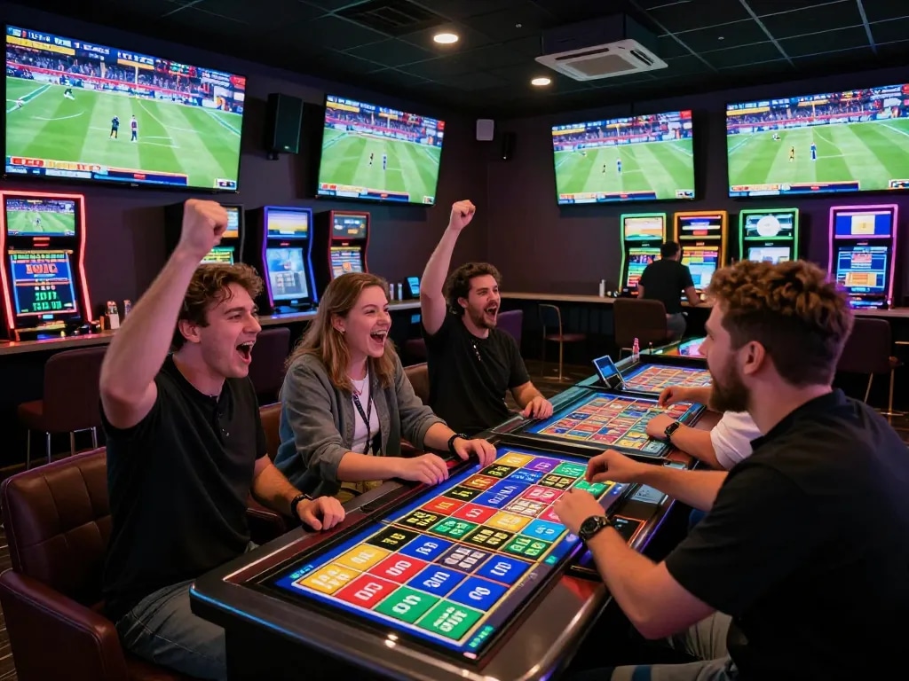 Engaged sports bettors placing their bets at a lively sports lounge while enjoying keonhacai tv.