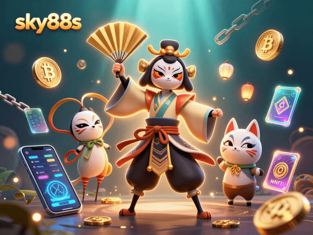 Engage in thrilling gameplay at sky88s with dynamic crypto casino visuals featuring kabuki and kitsune characters.