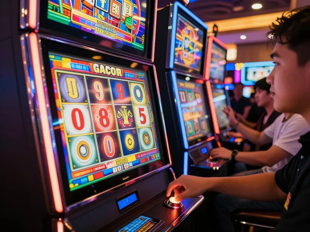Engaged player experiencing slot gacor hari ini action on vibrant casino slot machine.