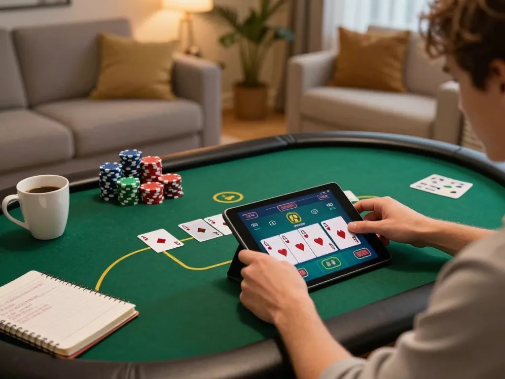 Player enjoying poker on MB66 app at home, showcasing poker strategy and comfortable ambiance.