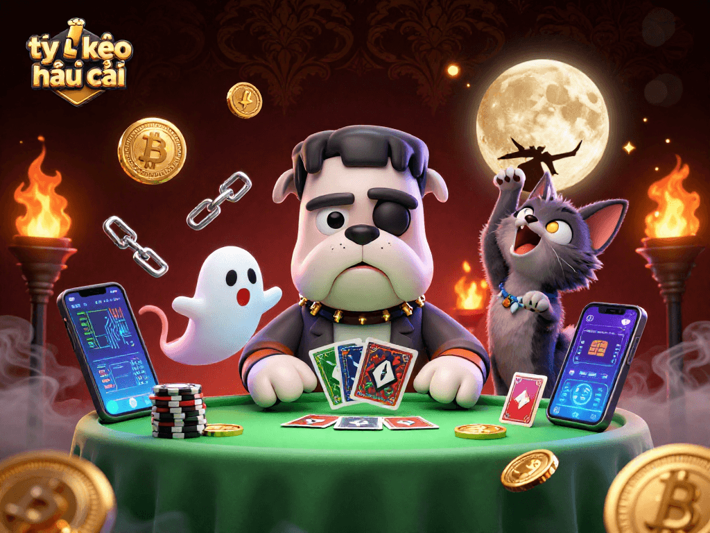 Engage with tỷ lệ kèo nhà cái featuring a whimsical scene of a Frankenstein bulldog dealer and ghostly elements.