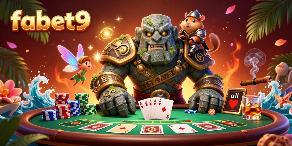 Experience the excitement of fabet9 with a lively illustration featuring a guardian golem and knight on a poker scene.