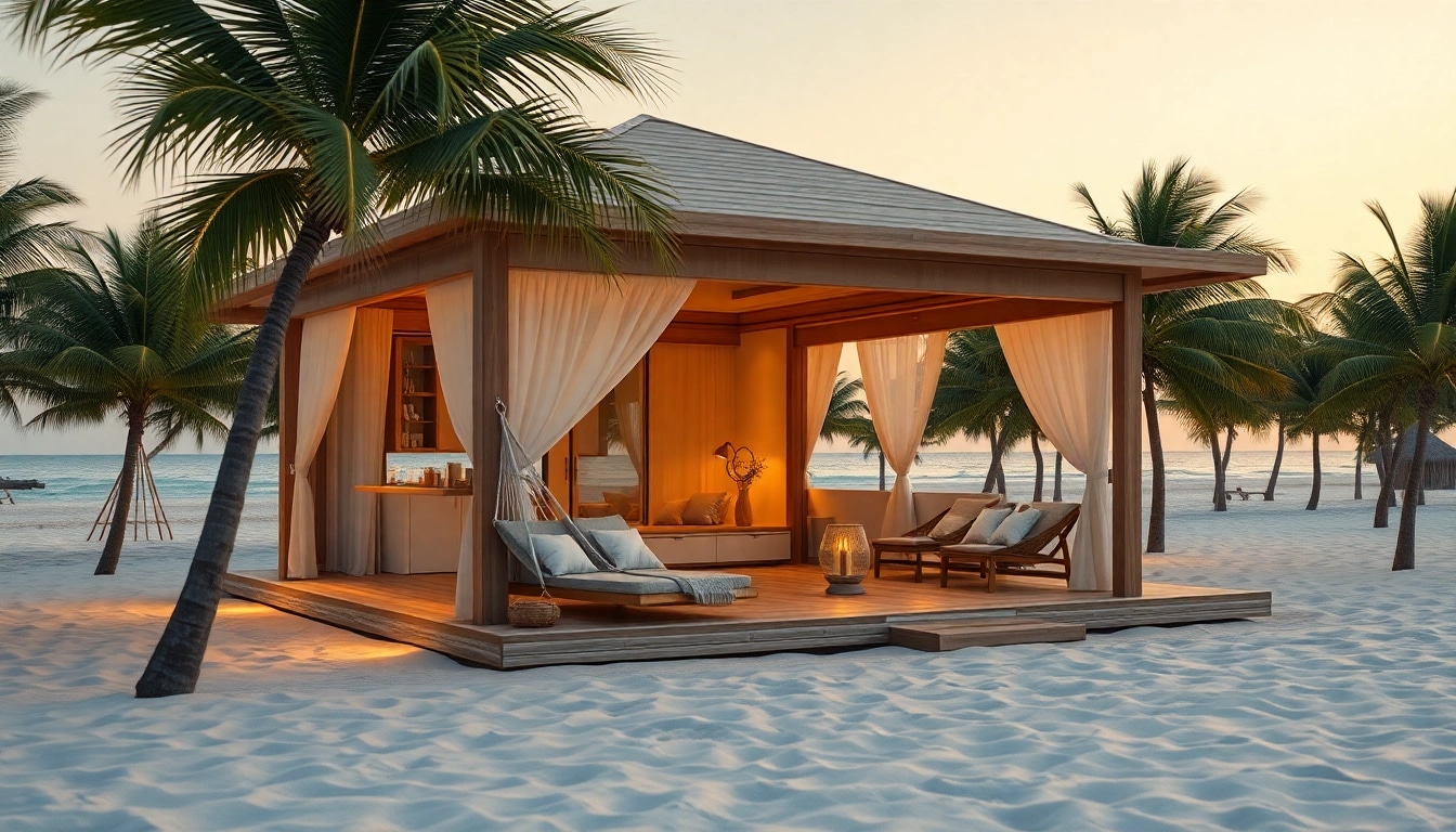 Genießen Sie die entspannende Atmosphäre der Küsten-Cabana am Strand mit Palmen und Sonnenuntergangslicht.