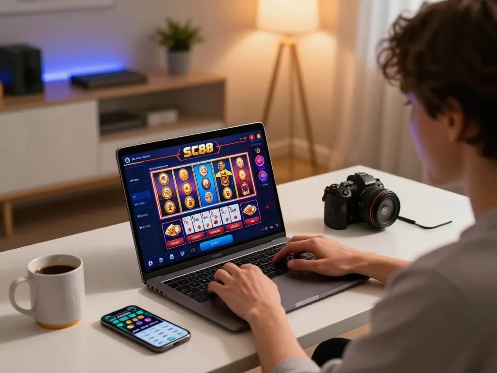 Engaging with SC88 online casino interface on a laptop, showcasing responsible gaming atmosphere.