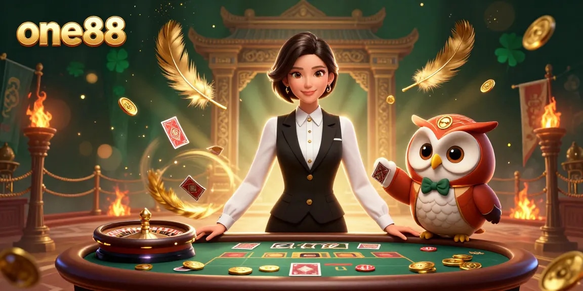 Engage with one88's vibrant casino scene featuring a dealer and owl assistant at the baccarat table.