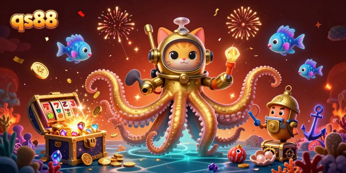 Spin the reels with qs88 in a lively 3D illustration featuring a kraken and diving cat.