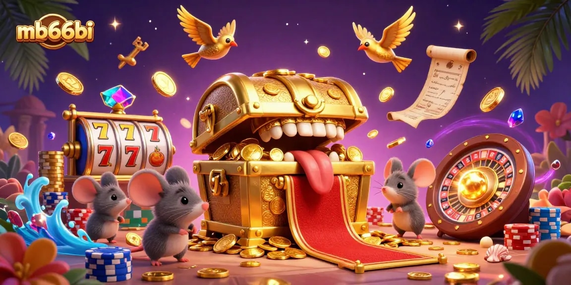 Spin the thrilling slot reels at mb66bi with dazzling treasures and lively gaming elements surrounding the golden chest.