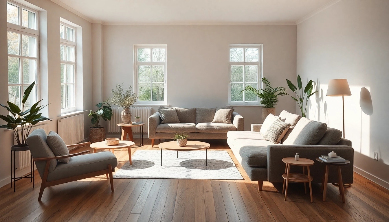 Stylische Raumgestaltung mit einem modernen Wohnzimmer, das Eleganz und Gemütlichkeit verbindet.