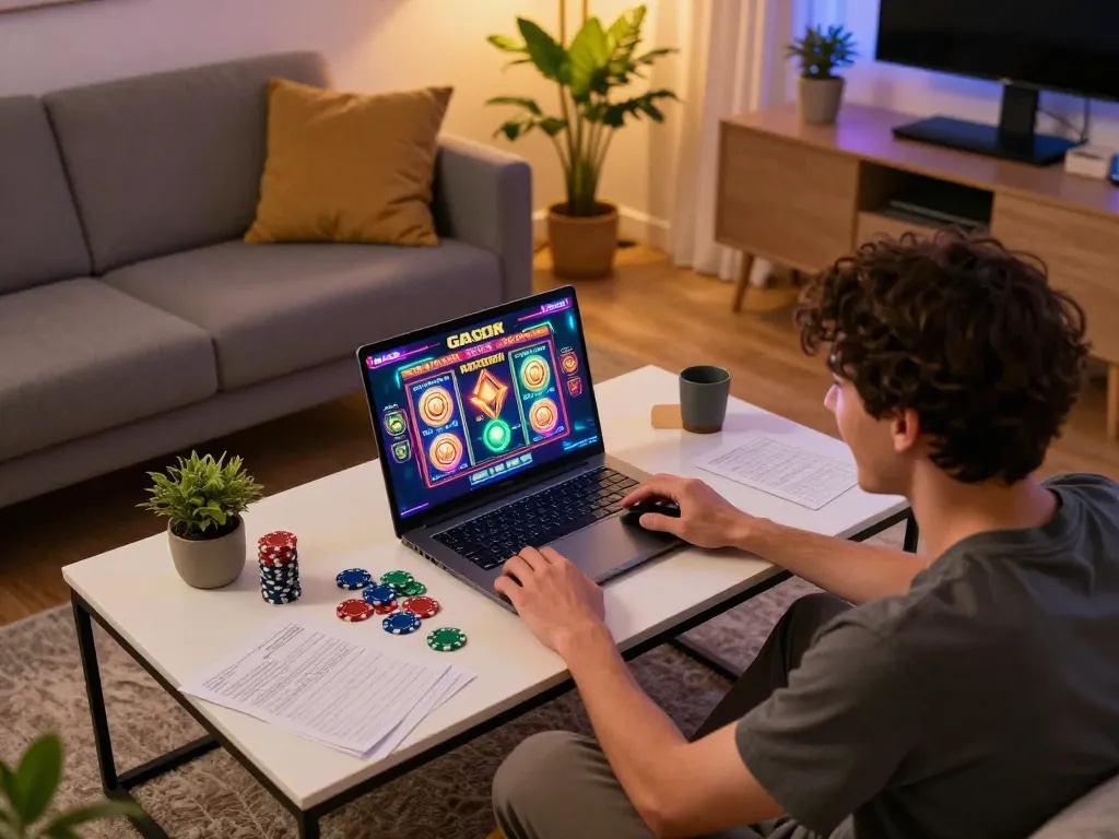 Experience the thrill of playing slot gacor online with chips stacked near a laptop in cozy home setting